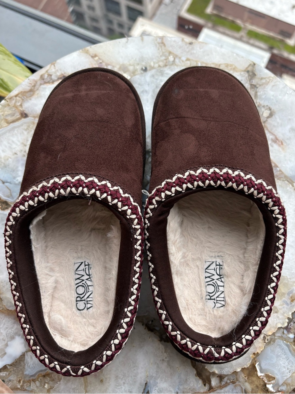 Crown Vintage Brown Faux Suede Slip-On Slippers with Cream & Burgundy Trim